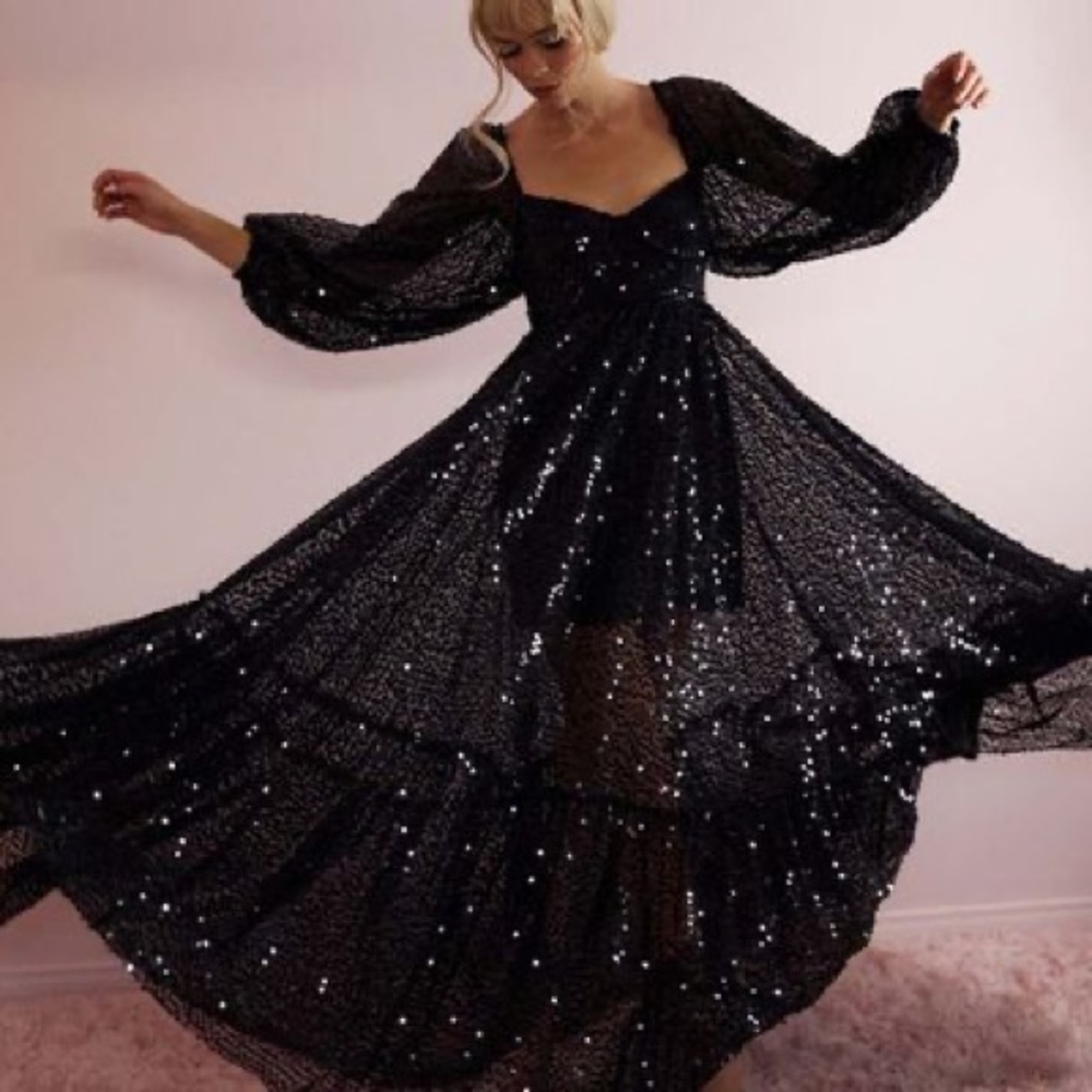 Black Selkie Sequin Long Sleeve Dress